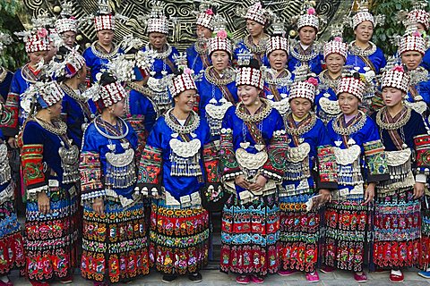 Elaborate costumes worn at a traditional Miao New Year festival in Xijiang, Guizhou Province, China, Asia